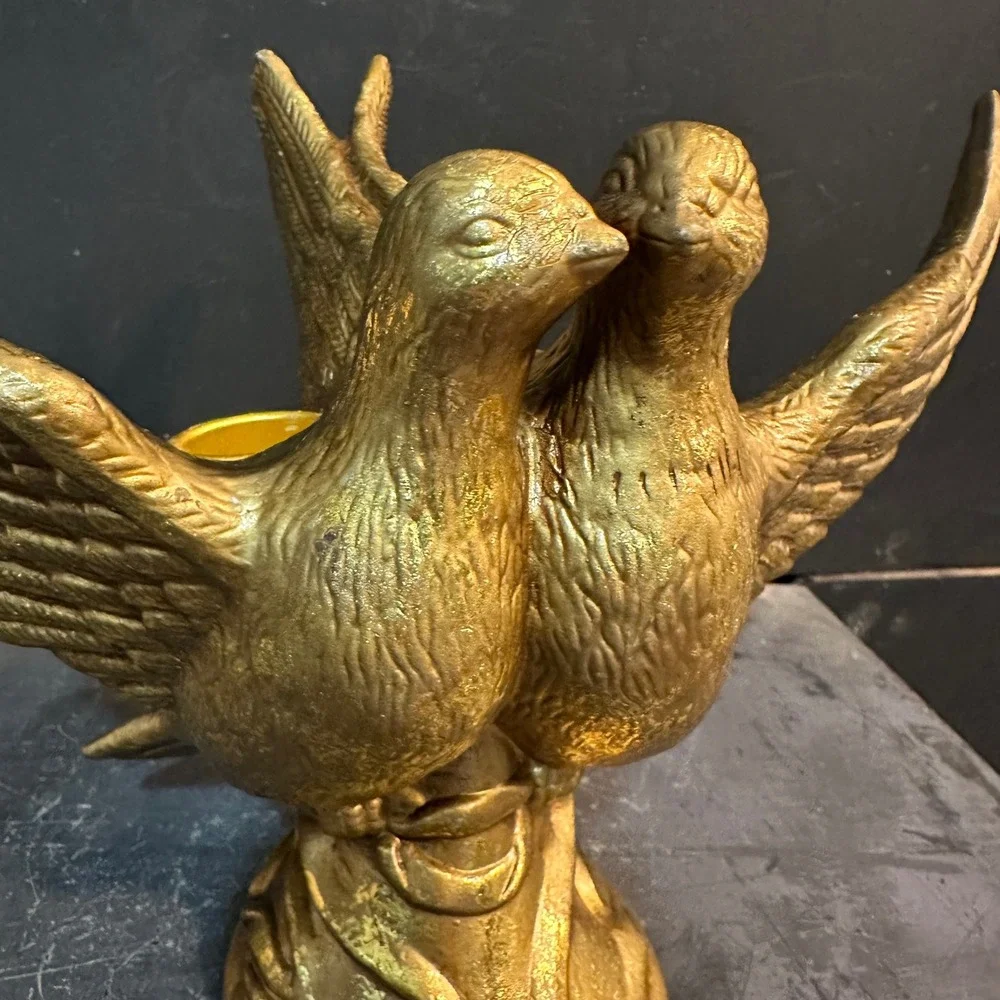 Vintage Gold Tone Ceramic Love Birds‎ Candlestick Holder Romantic Table Decor